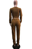Coffee Simple Long Sleeve Low-Cut Crop Top Long Pants Solid Color Sport Sets YSH6209-4