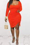 Orange Euramerican Women Long Sleeve Shirred Detail Fashion Pure Color Tight Mini Dress Q926-1