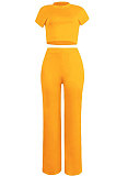Orange Euramerican Sexy Women Dew Waist Short Sleeve Pocket Pure Color Pants Sets KF61-6