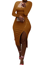 Brown Women Autumn Square Neck Bodycon Sexy Split Solid Color High Waist Mid Dress Q934-6