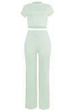 Green Euramerican Sexy Women Dew Waist Short Sleeve Pocket Pure Color Pants Sets KF61-7