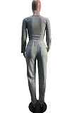 Black Gray Simple Long Sleeve Low-Cut Crop Top Long Pants Solid Color Sport Sets YSH6209-1