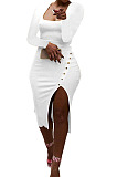 Black Women Autumn Square Neck Bodycon Sexy Split Solid Color High Waist Mid Dress Q934-7