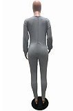 Gray Simple Wholesal Ribber Long Sleeve Round Neck Collcet Waist Pure Color Sport Jumpsuits YSH6183-4