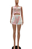 Pink Women Printing Tie Dye Cardigan Zipper Sexy Casual Shorts Sets ZZ762-1