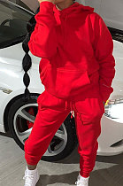 Red Modest Casual Long Sleeve Hoodie Sweat Pants Solid Color Two-Piece YSH6199-2