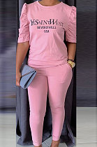 Pink Modest Offset Printing Puff Sleeve Round Neck T-Shirt With Pocket Pencil Pants Pure Color Two-Piece ALS197-1