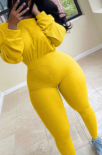 Yellow Simple Wholesal Ribber Long Sleeve Round Neck Collcet Waist Pure Color Sport Jumpsuits YSH6183-5