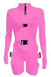 Pink Women Club Wear Hollow Out Solid Color Buckle Long Sleeve Sexy Romper Shorts Q940-2
