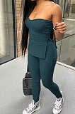 Gray Blue Women Ribber Solid Color Strapless Split Tops Long Pants Casual Two-Pieces Q935-4