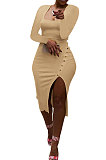 Brown Women Autumn Square Neck Bodycon Sexy Split Solid Color High Waist Mid Dress Q934-6