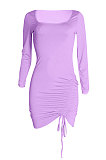 Purple Euramerican Women Long Sleeve Shirred Detail Fashion Pure Color Tight Mini Dress Q926-2
