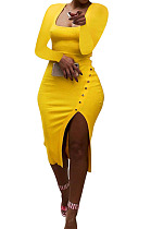 Yellow Women Autumn Square Neck Bodycon Sexy Split Solid Color High Waist Mid Dress Q934-3