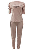 Khaki Modest Offset Printing Puff Sleeve Round Neck T-Shirt With Pocket Pencil Pants Pure Color Two-Piece ALS197-2