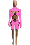 Rose Red Women Club Wear Hollow Out Solid Color Buckle Long Sleeve Sexy Romper Shorts Q940-7