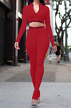 Wine Red Simple Women Letter Print Long Sleeve Zipper Crop Top Bodycon Pants Slim Fitting Two-Piece ALS209-3