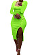 Neon Green Women Autumn Square Neck Bodycon Sexy Split Solid Color High Waist Mid Dress Q934-8