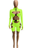 LemonYellow Women Club Wear Hollow Out Solid Color Buckle Long Sleeve Sexy Romper Shorts Q940-6
