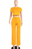 Yellow Euramerican Sexy Women Dew Waist Short Sleeve Pocket Pure Color Pants Sets KF61-1
