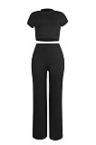 Black Euramerican Sexy Women Dew Waist Short Sleeve Pocket Pure Color Pants Sets KF61-2