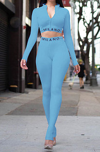 Sky Blue Simple Women Letter Print Long Sleeve Zipper Crop Top Bodycon Pants Slim Fitting Two-Piece ALS209-2