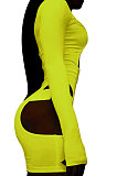 Neon Green Women Club Wear Hollow Out Solid Color Buckle Long Sleeve Sexy Romper Shorts Q940-5