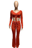 Dark Orange Women Autumn Winter Ribber Solid Color Shirred Detail V Collar Sexy Tiny Flared Pants Sets Q921-4