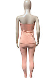 Pink Women Ribber Solid Color Strapless Split Tops Long Pants Casual Two-Pieces Q935-2