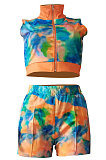 Cyan Women Printing Tie Dye Cardigan Zipper Sexy Casual Shorts Sets ZZ762-2