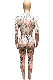 Pink Autumn Winter Women Wave Printing Zipper Slim Fitting Long Sleeve Sexy Bodycon Jumpsuits Q937-1