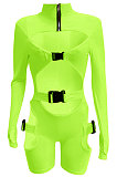 Neon Green Women Club Wear Hollow Out Solid Color Buckle Long Sleeve Sexy Romper Shorts Q940-5