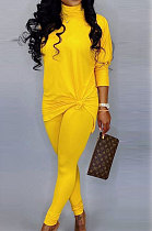 Yellow Cotton Blend Long Sleeve Round Neck Loose T-Shirt Pencil Pants Solid Color Sets TZ10859-1