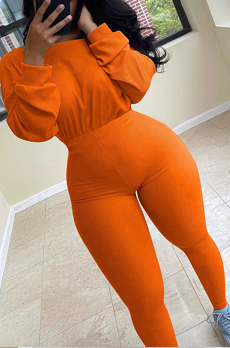 Orange Simple Wholesal Ribber Long Sleeve Round Neck Collcet Waist Pure Color Sport Jumpsuits YSH6183-3