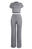 Dark Gray Euramerican Sexy Women Dew Waist Short Sleeve Pocket Pure Color Pants Sets KF61-5