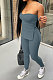 Gray Blue Women Ribber Solid Color Strapless Split Tops Long Pants Casual Two-Pieces Q935-4