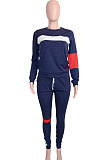 Dark Blue Women Fleece Woollen Sweater Spliced Stripe Sport Long Sleeve Casual Pants Sets SN390203-3
