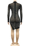 Black Night Club Mesh See-Through Hot Drilling Tassel Long Sleeve Round Collar Slim Fitting Mini Dress XZ5216-1