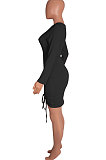 Black Euramerican Women Long Sleeve Shirred Detail Fashion Pure Color Tight Mini Dress Q926-3