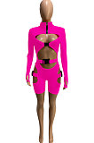 Rose Red Women Club Wear Hollow Out Solid Color Buckle Long Sleeve Sexy Romper Shorts Q940-7