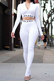 Black Simple Women Letter Print Long Sleeve Zipper Crop Top Bodycon Pants Slim Fitting Two-Piece ALS209-1