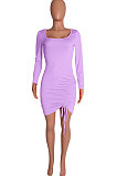 Purple Euramerican Women Long Sleeve Shirred Detail Fashion Pure Color Tight Mini Dress Q926-2