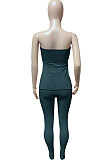Dark Blue Women Ribber Solid Color Strapless Split Tops Long Pants Casual Two-Pieces Q935-5