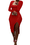 Khaki Women Autumn Square Neck Bodycon Sexy Split Solid Color High Waist Mid Dress Q934-2
