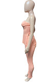 Pink Women Ribber Solid Color Strapless Split Tops Long Pants Casual Two-Pieces Q935-2