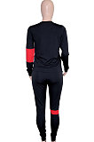 Dark Blue Women Fleece Woollen Sweater Spliced Stripe Sport Long Sleeve Casual Pants Sets SN390203-3