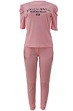 Pink Modest Offset Printing Puff Sleeve Round Neck T-Shirt With Pocket Pencil Pants Pure Color Two-Piece ALS197-1