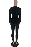 Black Wholesal Korea Velvet Mesh Spliced Long Sleeve Round Collar Jumper Pencil Pants Two-Piece TZ10852-1