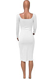 White Women Autumn Square Neck Bodycon Sexy Split Solid Color High Waist Mid Dress Q934-1