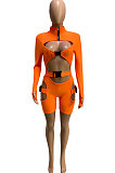 Orange Women Club Wear Hollow Out Solid Color Buckle Long Sleeve Sexy Romper Shorts Q940-4