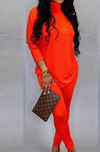 Orange Cotton Blend Long Sleeve Round Neck Loose T-Shirt Pencil Pants Solid Color Sets TZ10859-2
